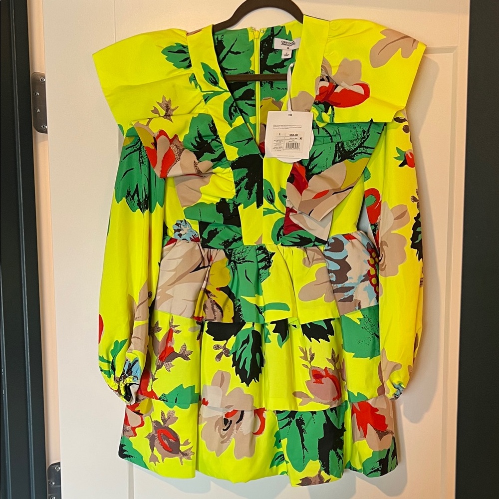 Christopher John Rogers Neon Yellow Floral Blouse